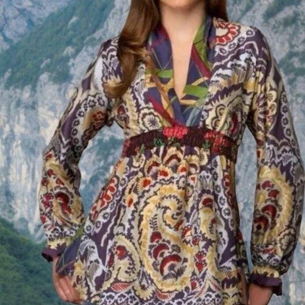 Boho Printed V-Neck Peasant Top - Purple Multi 100% Silk